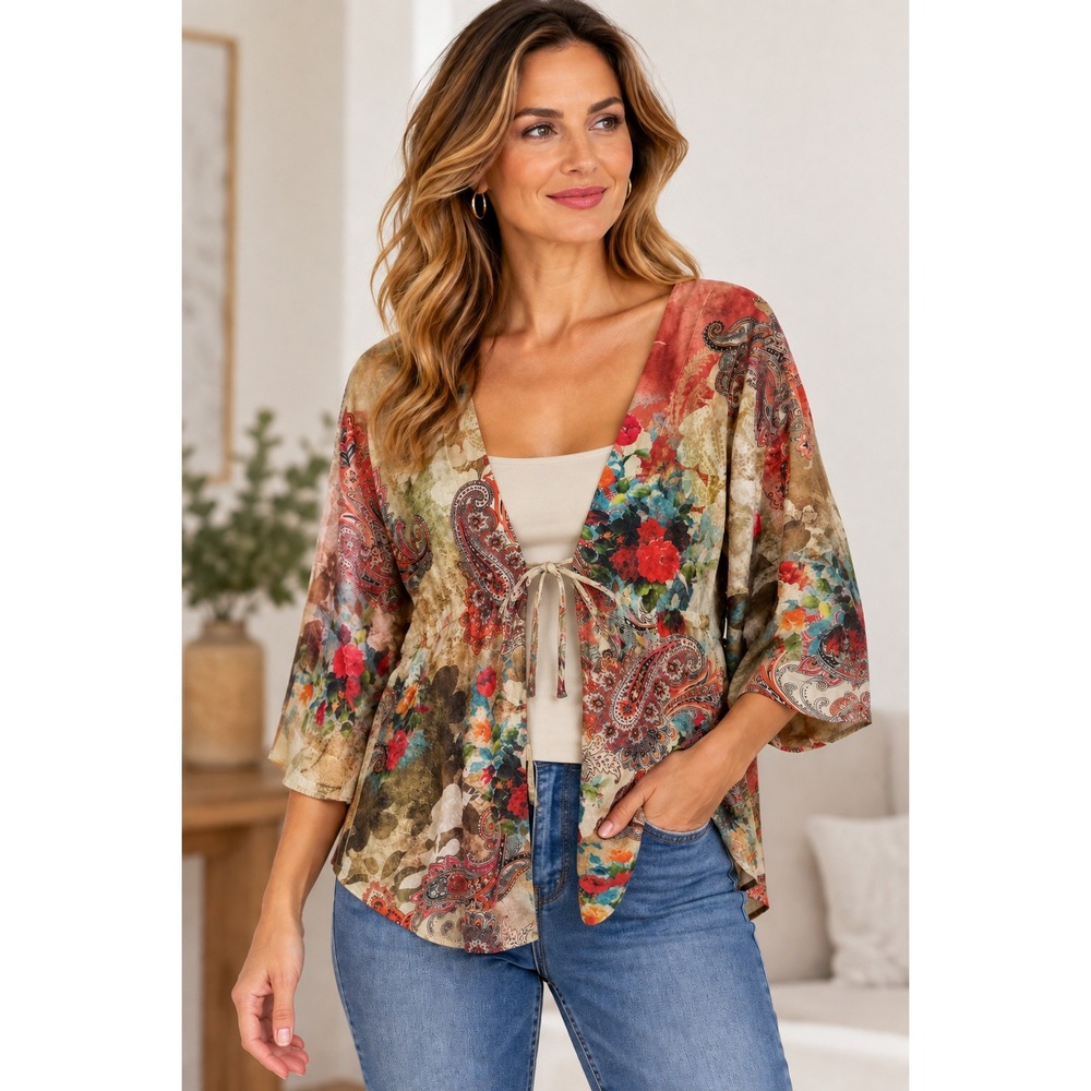 Boston Proper Cardigan Womens Medium Multi Paisley Floral Boho Tie Front Top